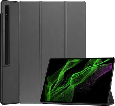 Hoesje Geschikt voor Samsung Galaxy Tab S9 Ultra - Dun & Stevig - Trifold Bookcase - Hard Cover Case - Met Uitsparing Geschikt voor S Pen - Hardcover Book - Tablet Hoes - Grijs