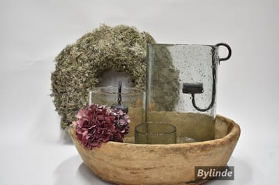 Glazen Windlicht Stone Ø 20 cm x 30 cm hoog met hangkandelaar - Groot windlicht glas - Steenslag - Bubbel glas - Landelijk - Sober - Robuust - Vaas - By mooss