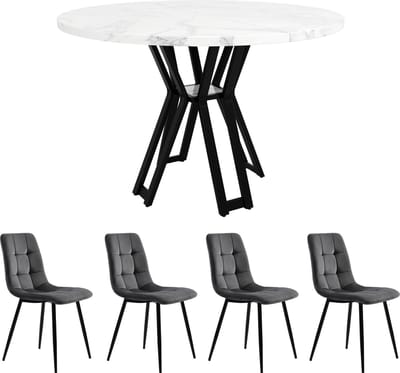 5-Delige Eettafelset, Ronde Eettafelset, Moderne Keuken Eettafel en Stoelenset, Keukenmeubilair – De tafel meet 100x100x76 cm, Inclusief 4 Stoelen, Tafelblad Met Marmerlook, Zwart Metalen Tafelpoten