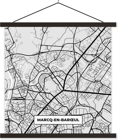 Posterhanger incl. Poster 60x60 cm - Schoolplaat - Kaart - Stadskaart - Marcq-en-Barœul - Plattegrond - Frankrijk - Textielposter - Zwarte latten - Stadskaart
