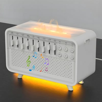 Ynkkvre -Nachtlamp Humidifier - Wit Geluid - Draagbare Slaapgeluidsmachine voor Volwassenen - 4-in-1 Bluetooth Speaker met 8 Ambient Geluiden - Timer en Vlam Diffusers