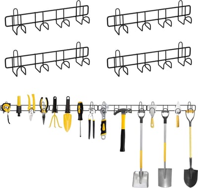 4-delige Wandmontage Tuin Gereedschap Houder met 4 Haken - Organizer voor Garage en Tuinaccessoires zoals Scheppen, Harken en Bezem (Zwart)