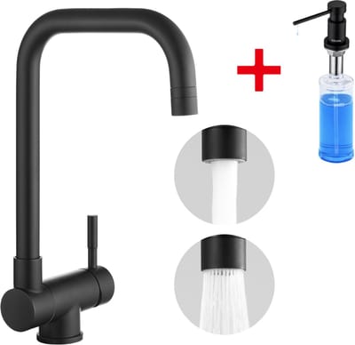 CECIPA max Keuken Kraan - Inklapbare Keukenkraan Zwart - Met Zeepdispenser 300ML - 360° Draaibaar - Mengkraan - 2 straalsoorten - Zwart