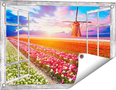 Gards Tuinposter Doorkijk Kleurrijke Bloemenveld met een Windmolen - 60x40 cm - Tuindoek - Tuindecoratie - Wanddecoratie buiten - Tuinschilderij