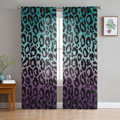 Gordijnen van tule met luipaardprint, dierenvachttextuurverloop voor woonkamerdecoratie, modern chiffon sheer voile keukengordijn 135W x 114H(cm) white