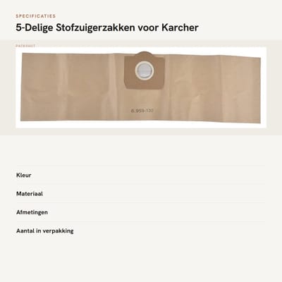Dailygoods- Stofzuigerzak 5-delig - Geschikt voor Karcher 6.959-130.0 - Papier - Eenvoudig te installeren - Verbeterde reinigingsefficiëntie - Geschikt voor thuisgebruik - Stofzak