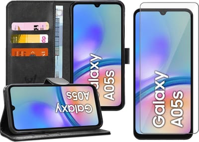 Hoesje geschikt voor Samsung Galaxy A05s - Screenprotector Glas - Portemonnee Book Case Zwart