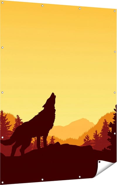Gards Tuinposter Silhouet van een Wolf in het Bos - Abstract - 120x160 cm - Tuindoek - Tuindecoratie - Wanddecoratie buiten - Tuinschilderij