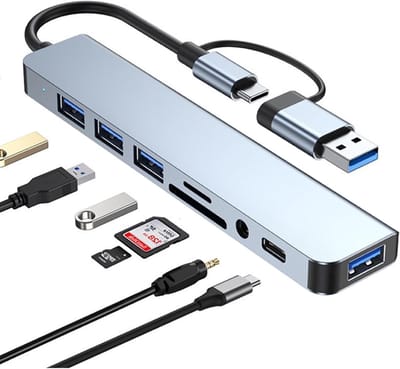 USB C Hub 3.0 Multiport Adapter met SD&TF Kaartlezer, USB 3.0 & 2.0 Poorten, Audio Jacks voor MacBook Pro/Air, XPS, Tablets en Smartphones