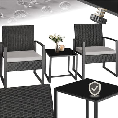 tectake® Tuinset Granada - Voor 2 Personen - 2 Loungestoelen met Bijzettafel - Wicker Zitgroep met Tuinstoelen en Tafel - Balkonmeubelset - Gestoffeerde Weerbestendige Stoelen inclusief Buitentuintafel - Zwart