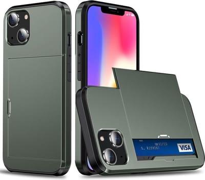 Hoesje met Kaarthouder Slider Geschikt voor Apple iPhone 14 | Pasjeshouder Achterkant | Kaarthouder voor twee á drie pasjes | Groen