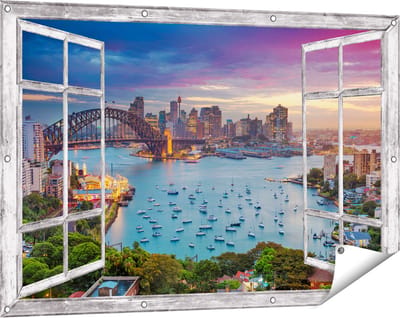 Gards Tuinposter Doorkijk Sydney Harbour Bridge in de Avond - 120x80 cm - Tuindoek - Tuindecoratie - Wanddecoratie buiten - Tuinschilderij