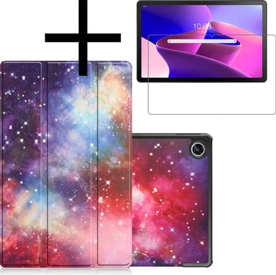 Hoes - Geschikt voor Lenovo Tab M10 Plus (3e / 3rd Generatie) - Met Screenprotector - Trifold Bookcase - Hard Cover - Hardcover Book Case - Tablet Hoesje - Galaxy
