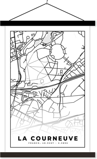 Posterhanger incl. Poster 40x60 cm - Schoolplaat - Stadskaart - Plattegrond - Kaart - Frankrijk - La Courneuve - Zwart wit - Textielposter - Zwarte latten - Stadskaart