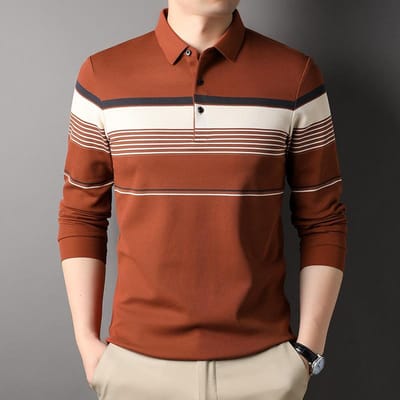 Herfst Nieuwe Kleding voor Mannen van Middelbare Leeftijd Revers Casual Multicolor Poloshirt Heren Gestreept Lange Mouw Katoenen T-shirt XXXL brown