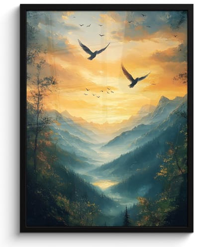 Poster in lijst - Fotolijst 50x70 cm - Posters - Vogels - Zon - Bomen - Groen - Posterlijst zwart - Decoratie - Wanddecoratie woonkamer - Muurdecoratie slaapkamer