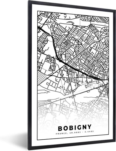 Fotolijst incl. Poster Zwart Wit- Stadskaart - Bobigny - Frankrijk - Kaart - Plattegrond - Zwart wit - 40x60 cm - Posterlijst
