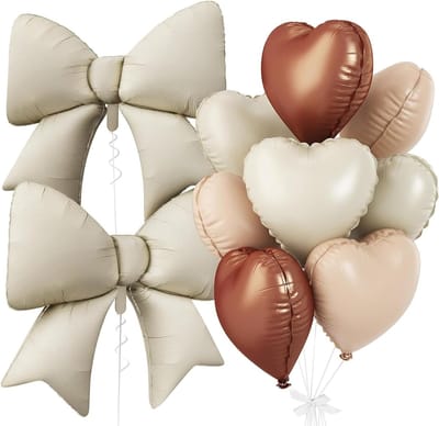 Elegante Hart en Strik Ballonnen in Crème Wit en Karamelbruin, Set van 10 Folie Ballonnen voor Bruiloft, Babyshower en Verjaardagsfeest Decoratie
