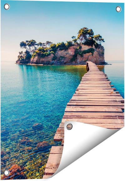 Gards Tuinposter Pad op het Water naar een Grieks Eiland - 40x50 cm - Tuindoek - Tuindecoratie - Wanddecoratie buiten - Tuinschilderij