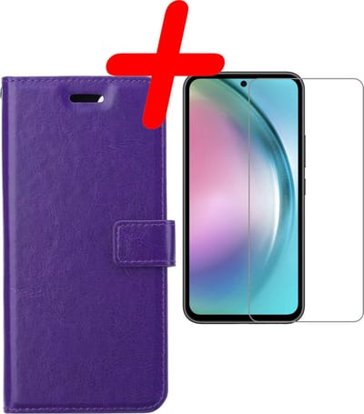 Hoesje Met Screenprotector - Geschikt voor Samsung Galaxy A54 - Luxe Pasjeshouder - Bookcase Portemonee - Flip Case - Kunstleer Book Case - Flipcase - Book Cover - Walletcase - Portemonneehoes - Paars