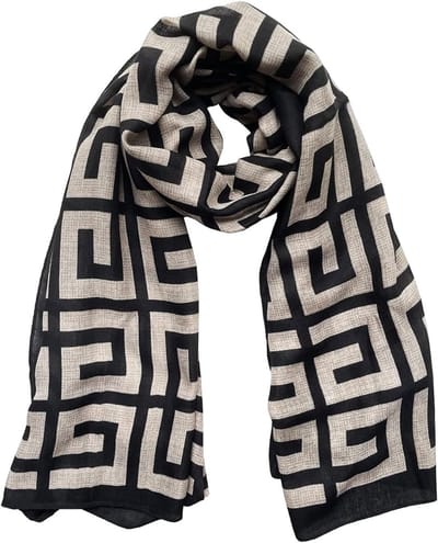 ScarvesofJoy ® - Dames Sjaal - Sjaal Dames - Damessjaal - Voorjaarssjaal - Zomersjaal - Omslagdoek - Mode Sjaal - Shawl - Geometrisch patroon - Zwart - Beige/Bruin - 170 * 60 cm