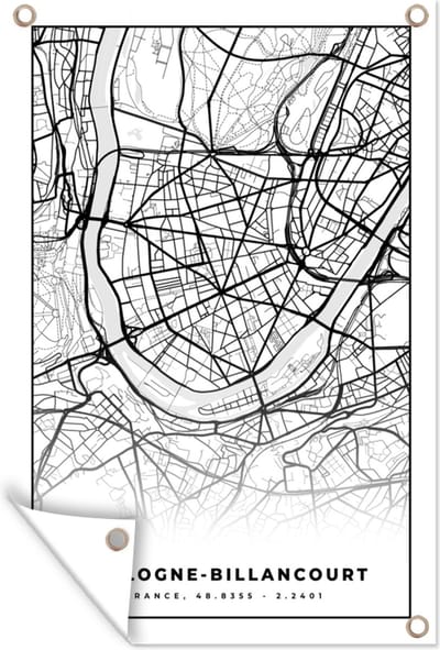 Muurdecoratie Kaart - Plattegrond - Boulogne-Billancourt - Frankrijk - Stadskaart - Zwart wit - 120x180 cm - Tuinposter - Tuindoek