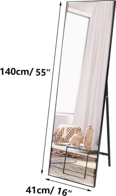 140 x 41 cm Full-Body Spiegel met Zwart Frame - Grote Wandspiegel voor Slaapkamer, Badkamer en Woonkamer