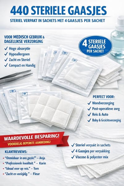 440 Steriele Gaasjes  | Hypoallergeen, Sterk Absorberend & Hygiënisch Verpakt per 4 – Ideaal voor Wondverzorging, Reizen en Dagelijks Gebruik | Groot & Voordelig Voordeelpak voor Thuis en Professioneel Gebruik