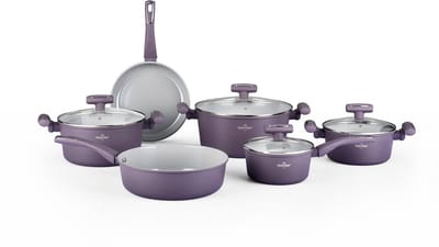 Swiss Haus® GC3010T Pannenset Inductie - 10-delig Pannensets - PFAS Vrij - Voor Alle Warmtebronnen – Koekenpan, Kookpannen & Hapjespan – Met Deksel – Paars