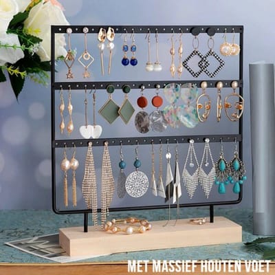 Oorbellenrekje Sieradenrekje Oorbellen Display Sieraden Organizer ZWART - 69 oorbellen HOUTEN VOET - 3 Verdiepingen - Kleur Zwart