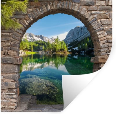 Muurstickers - Sticker Folie - Doorkijk - Berg - Landschap - Water - 100x100 cm - Plakfolie - Muurstickers Kinderkamer - Zelfklevend Behang XXL - Zelfklevend behangpapier - Stickerfolie