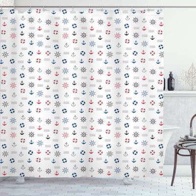 ABAKUHAUS Douchgordijn – Maritiem Nautisch Rad – 175×220 cm – Blauw/Rood