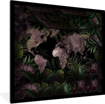 Fotolijst incl. Poster - Wereldkaart - Paars - Goud - 40x40 cm - Posterlijst