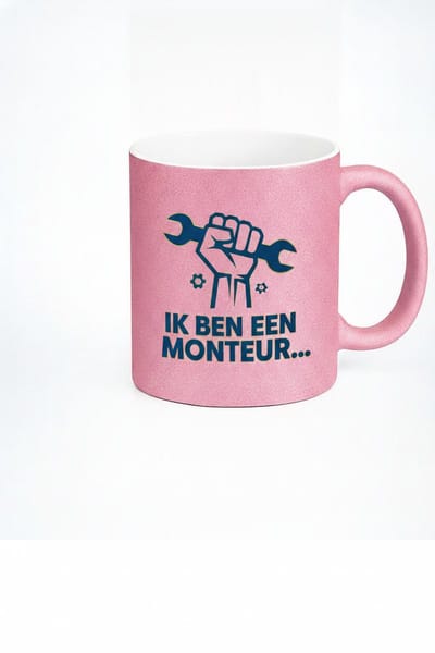 Mok Monteur 'Ik Ben Een Monteur...' – Vuist met Steeksleutel – Glitter Mok Roze – Cadeau Monteur Technicus – Keramiek 330 ml
