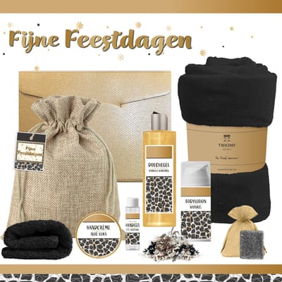 Geschenkset “Fijne Feestdagen” - 8 producten - 1210 gram - Triomf Cosmetica | Giftset voor haar Luxe wellness cadeaubox Cadeau vrouw Gift Set Kerst Geschenk Fijne Feestdagen Kerstpakket Cadeaupakket Prettige Kerstdagen Collega Panter Zwart Goud