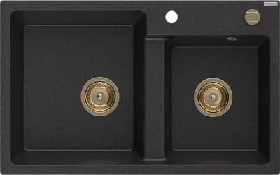 Mexen Tomas granieten gootsteen 2-kamer 800 x 500 , zwart/zilver metallic, gouden sifon - 6516802000-73-G