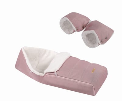 SOOSIE Winter Kinderwagen Voetenzak + Handmof – Roze Melange & Teddy Crème – Universeel – Waterproof – 110 cm