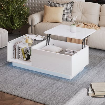 HAUSS SPOLE Salontafel - Verstelbare Opklaptafel Met RGB LED App - Verborgen Opbergruimte Voor Woonkamer - Spaanplaat - 100x50x33-46.5 cm - Wit