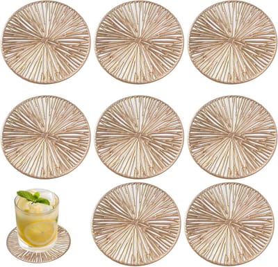 Set van 8 Herbruikbare Hittebestendige Coasters met Geometrische Patronen voor Keuken, Woonkamer en Kantoor, Diameter 10 cm, Goudkleurig Design