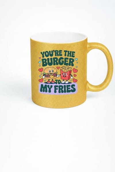 Romantische Gouden Glitter Mok - 'You're The Burger To My Fries' - Burger & Friet Liefde Cadeau