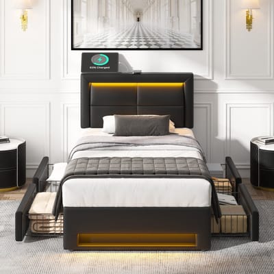 MEUNIQ gestoffeerd eenpersoonsbed 90x190 cm met lattenbodem, USB-aansluiting voor bedraad en draadloos laden, LED-verlichting en 4 lades voor slaapkamer, zwart