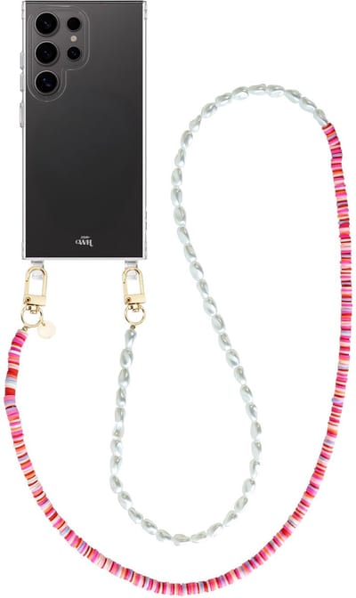 xoxo Wildhearts siliconen hoesje - Geschikt voor Samsung Galaxy S25 Ultra hoesje - Island Girl - Telefoonhoesje - Hoesje met koord - Lange parelketting / kralenketting - lang telefoonkoord - Transparant hoesje (lange variant)