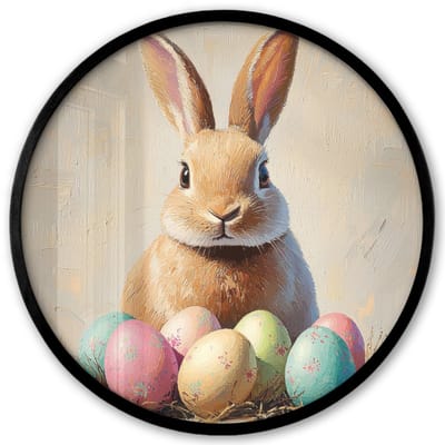 Poster in lijst Rond - Fotolijst 40x40 cm - Posters - Paashaas - Pastel - Eieren - Ronde posterlijst zwart - Decoratie - Wanddecoratie woonkamer - Muurdecoratie slaapkamer
