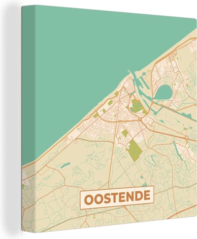Canvas Schilderij Plattegrond - Stadskaart - Oostende - België - Kaart - 20x20 cm - Wanddecoratie