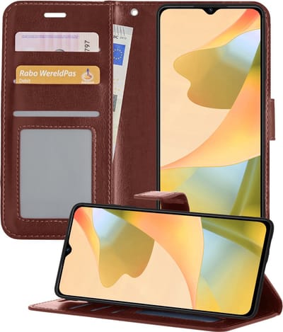Hoesje - Met Pasjeshouder - Geschikt voor OPPO A16s - Luxe Bookcase Portemonee - Flip Case - Kunstleer Book Case - Flipcase - Book Cover - Walletcase - Portemonneehoes - Telefoonhoesjes - Bruin