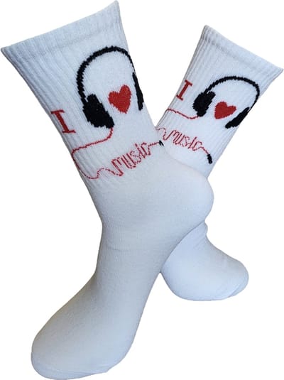 Verjaardags cadeau - I love Music Sokken - vrolijke sokken - witte sokken - tennis sokken - Muziek - sport sokken - valentijns cadeau - sokken met tekst - aparte sokken - grappige sokken - Sokken waar je vrolijk van wordt - maat 37-44