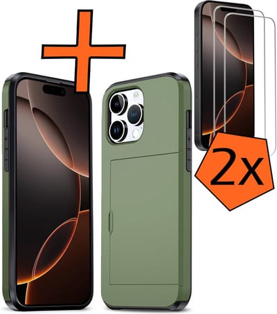 Hoesje Geschikt voor iPhone 16 Pro Hoesje Pasjeshouder Shockproof Hard Case Met 2x Screenprotector - Hoesje Geschikt voor iPhone 16 Pro Hoes Met Kaarthouder - Donkergroen