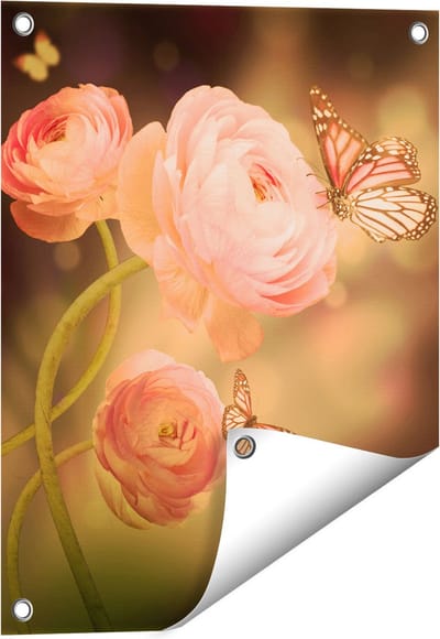 Gards Tuinposter Twee Roze Vlinders bij Roze Rozen - 40x50 cm - Tuindoek - Tuindecoratie - Wanddecoratie buiten - Tuinschilderij