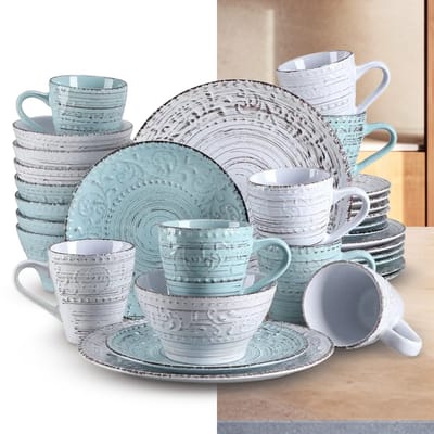 Luxe Serviesset- 32 delig – 8 persoons – Porselein - Bordenset – Dinner platen – Dessertborden - Kommen - Mokken - Wit & Blauw