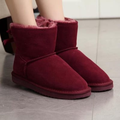 Nieuwe mode dames warme sneeuwlaarzen winterlaarzen echte koeienhuid leren dameslaarzen enkellaarsjes bont schoenen maat 34 -43 40 wijnrode kleur